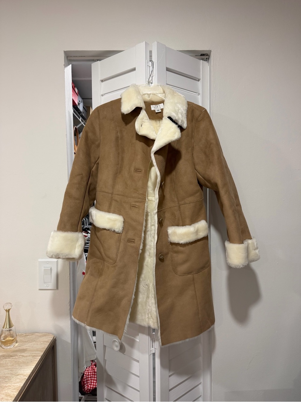 LOFT Cream Faux-Shearling Coat with Tan Suede Accents